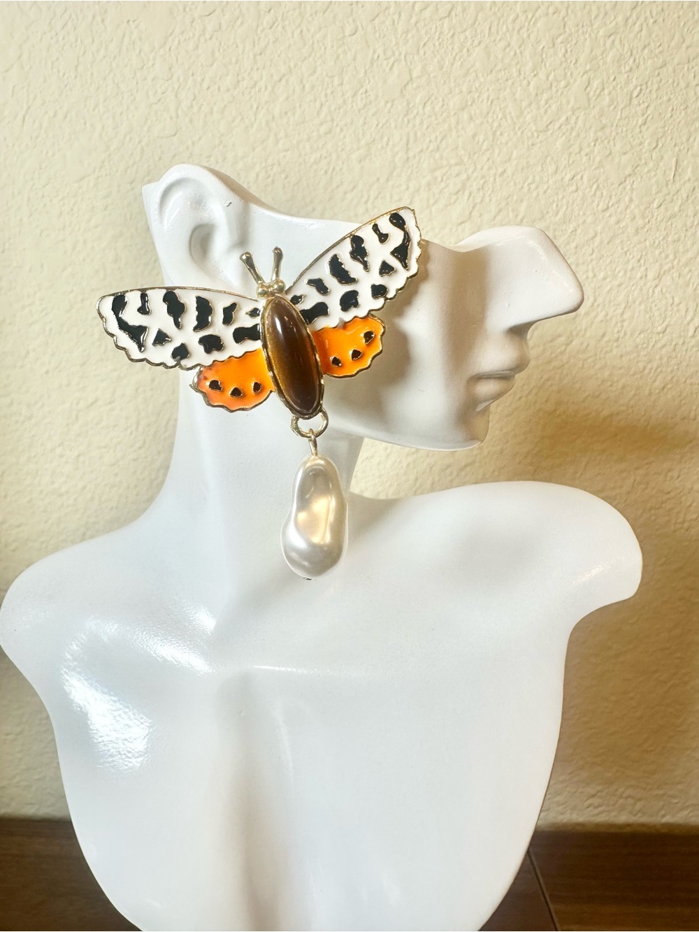 Butterfly Pearl Statement Earrings - White, Black & Orange w/Faux Tigers Eye